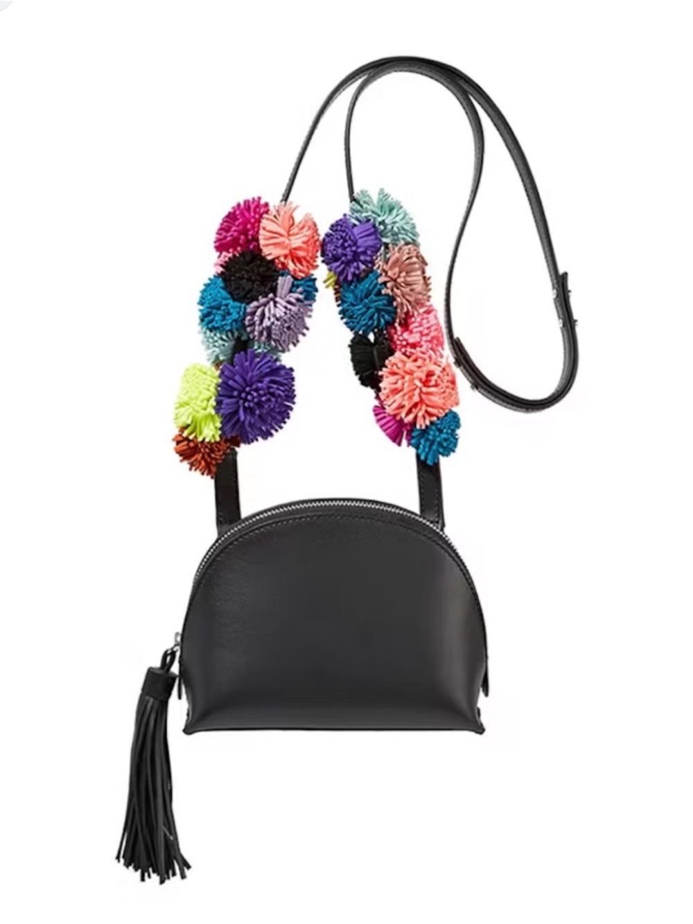 Loeffler Randall Black Leather Crossbody Bag with Multicolor Pom-Pom Strap